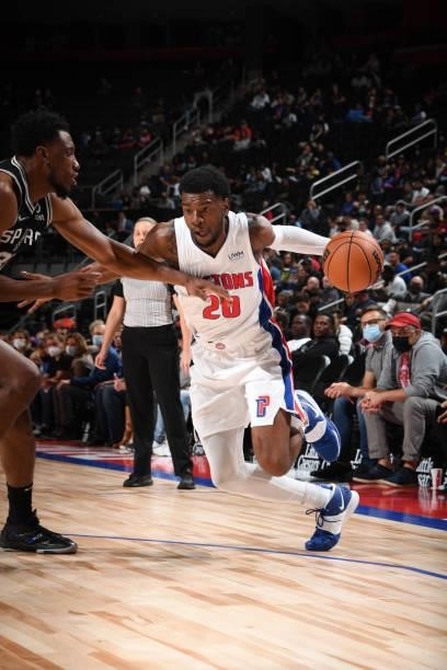 Josh Jackson of the Detroit Pistons drives to the basket during a preseason game against the San Antonio Spurs on October 6, 2021 at Little Caesars...