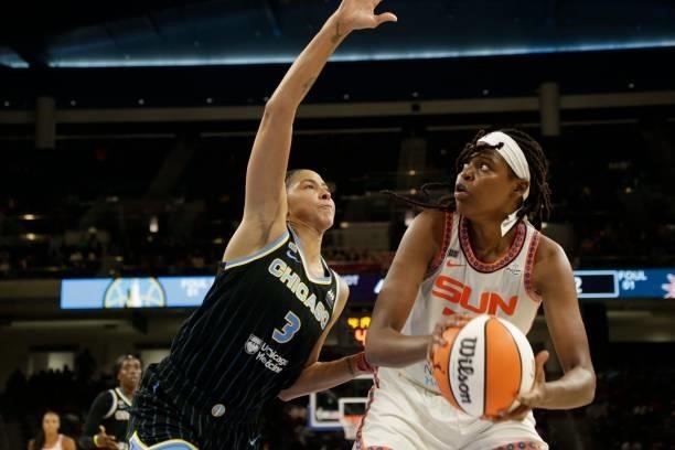 Candace Parker of the Chicago Sky plays defense on Jonquel Jones of the Connecticut Sun during Game 4 of the 2021 WNBA Semifinals on October 6, 2021...