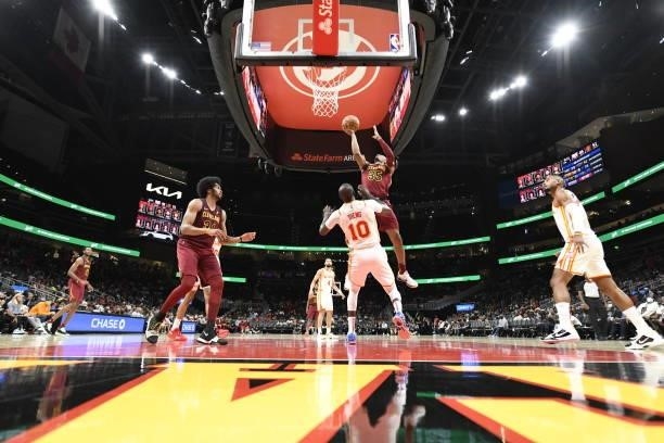Isaac Okoro of the Cleveland Cavaliers shoots the ball during a preseason game against the Atlanta Hawks on October 6, 2021 at State Farm Arena in...
