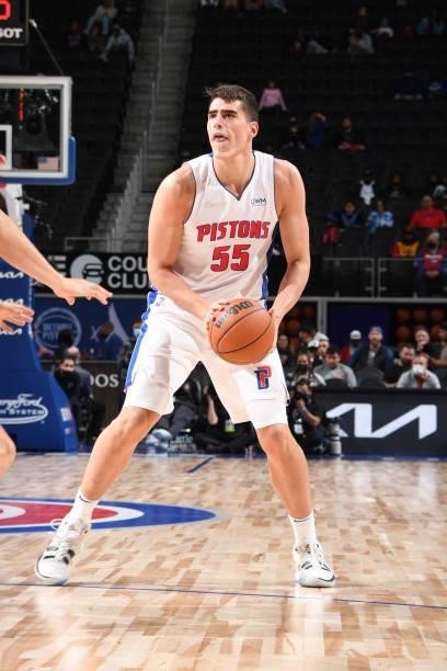 Luka Garza of the Detroit Pistons handles the ball during a preseason game against the San Antonio Spurs on October 6, 2021 at Little Caesars Arena...