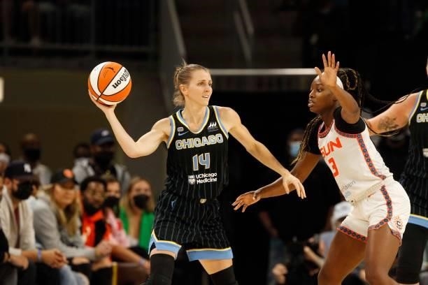 Allie Quigley of the Chicago Sky handles the ball during the game against the Connecticut Sun during Game 4 of the 2021 WNBA Semifinals on October 6,...