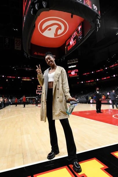 Player Monique Billings attends a preseason game between the Atlanta Hawks and the Cleveland Cavaliers on October 6, 2021 at State Farm Arena in...