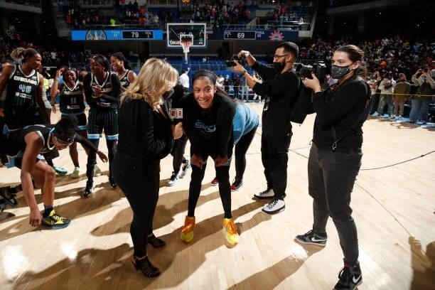 Reporter, Holly Rowe interviews Candace Parker of the Chicago Sky after winning Game Four of the 2021 WNBA Semifinals on October 6, 2021 at the...