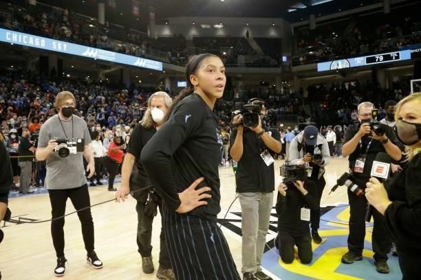 Candace Parker of the Chicago Sky looks on after the game against the Connecticut Sun during Game 4 of the 2021 WNBA Semifinals on October 6, 2021 at...