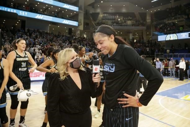 Candace Parker of the Chicago Sky is interviewed after the game against the Connecticut Sun during Game 4 of the 2021 WNBA Semifinals on October 6,...