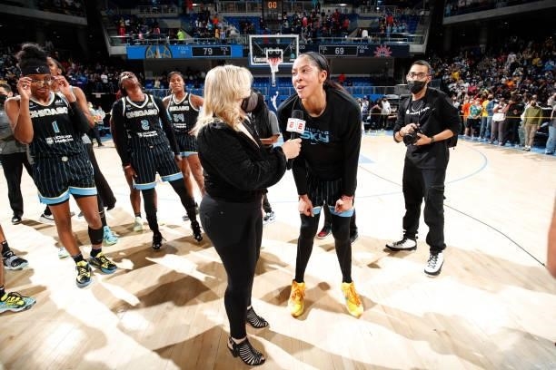Reporter, Holly Rowe interviews Candace Parker of the Chicago Sky after winning Game Four of the 2021 WNBA Semifinals on October 6, 2021 at the...