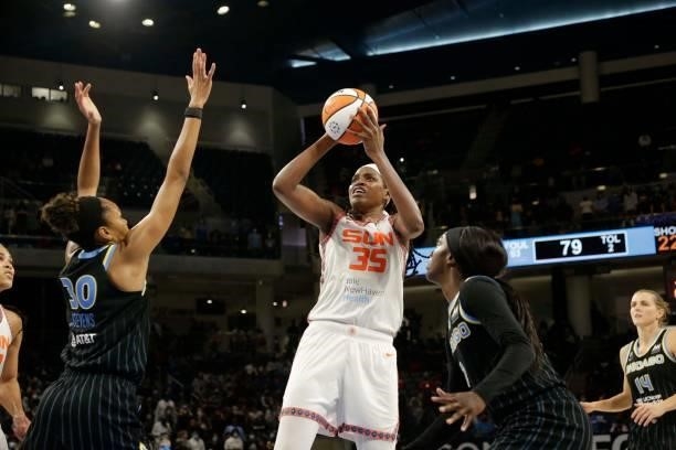 Jonquel Jones of the Connecticut Sun shoots the ball against the Chicago Sky during Game 4 of the 2021 WNBA Semifinals on October 6, 2021 at the...
