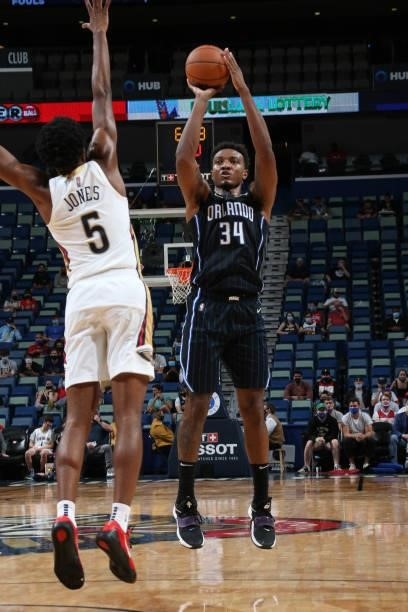 Wendell Carter Jr. #34 of the Orlando Magic shoots the ball during a preseason game against the New Orleans Pelicans on October 6, 2021 at the...