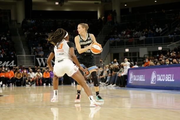 Allie Quigley of the Chicago Sky handles the ball during the game against the Connecticut Sun during Game 4 of the 2021 WNBA Semifinals on October 6,...