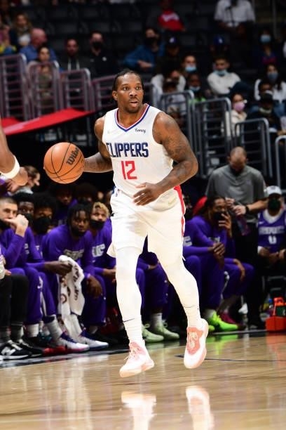 Eric Bledsoe of the LA Clippers handles the ball against the Sacramento Kings during a preseason game on October 6, 2021 at STAPLES Center in Los...