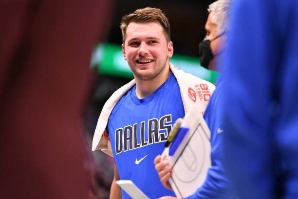 Luka Doncic of the Dallas Mavericks looks on during a preseason game against the Utah Jazz on October 6, 2021 at the American Airlines Center in...