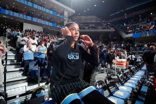 Candace Parker of the Chicago Sky talks to the media after winning Game Four of the 2021 WNBA Semifinals on October 6, 2021 at the Wintrust Arena in...