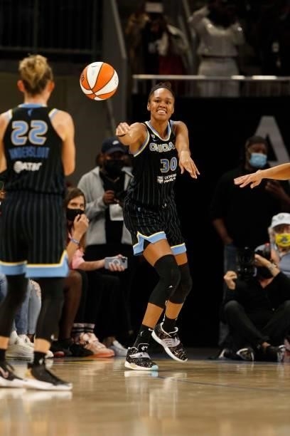 Azura Stevens of the Chicago Sky passes the ball during the game against the Connecticut Sun during Game 4 of the 2021 WNBA Semifinals on October 6,...