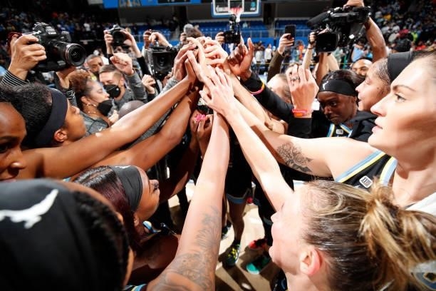 The Chicago Sky huddle up after winning Game Four of the 2021 WNBA Semifinals on October 6, 2021 at the Wintrust Arena in Chicago, Illinois. NOTE TO...