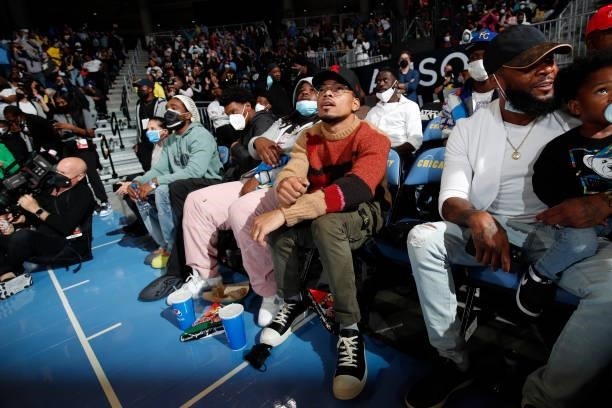 Artist, Chance the Rapper looks on during Game Four of the 2021 WNBA Semifinals on October 6, 2021 at the Wintrust Arena in Chicago, Illinois. NOTE...