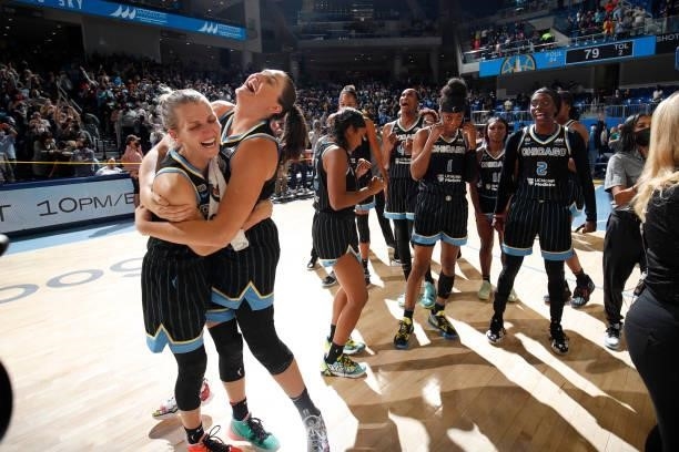 Stefanie Dolson and Allie Quigley of the Chicago Sky celebrate after winning Game Four of the 2021 WNBA Semifinals on October 6, 2021 at the Wintrust...