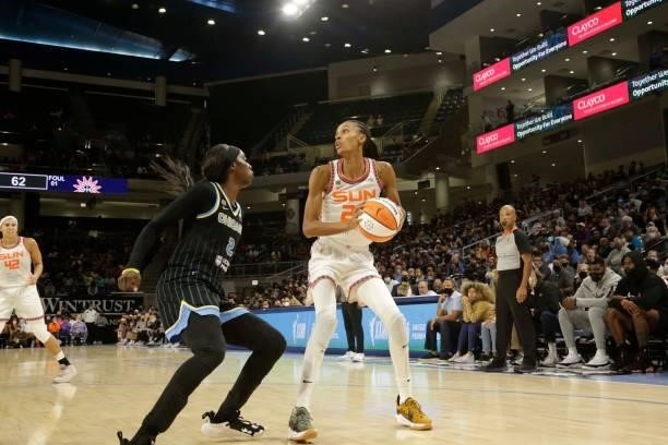 Kahleah Copper of the Chicago Sky plays defense on DeWanna Bonner of the Connecticut Sun during Game 4 of the 2021 WNBA Semifinals on October 6, 2021...