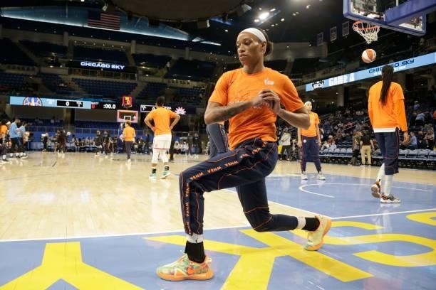 Jasmine Thomas of the Connecticut Sun warms up before the game against the Chicago Sky during Game 4 of the 2021 WNBA Semifinals on October 6, 2021...