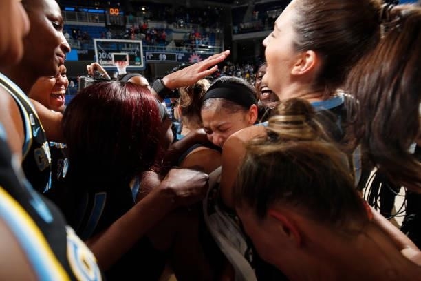 The Chicago Sky celebrate after winning Game Four of the 2021 WNBA Semifinals on October 6, 2021 at the Wintrust Arena in Chicago, Illinois. NOTE TO...