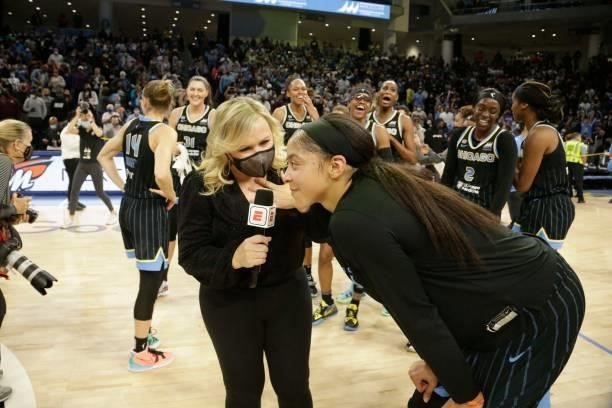 Candace Parker of the Chicago Sky is interviewed after the game against the Connecticut Sun during Game 4 of the 2021 WNBA Semifinals on October 6,...