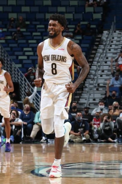 Naji Marshall of the New Orleans Pelicans celebrates during a preseason game against the Orlando Magic on October 6, 2021 at the Smoothie King Center...