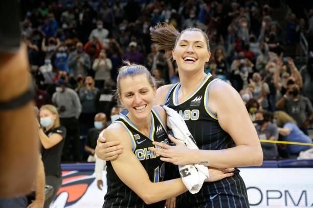 Allie Quigley and Stefanie Dolson of the Chicago Sky celebrate after the game against the Connecticut Sun during Game 4 of the 2021 WNBA Semifinals...