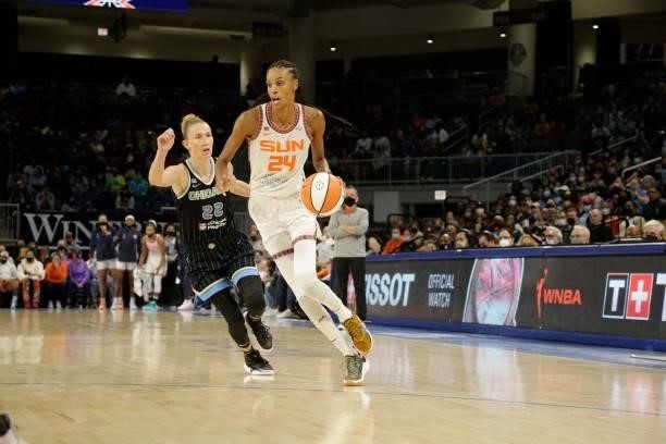 DeWanna Bonner of the Connecticut Sun dribbles the ball against the Chicago Sky during Game 4 of the 2021 WNBA Semifinals on October 6, 2021 at the...