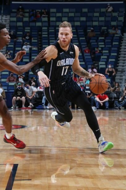 Ignas Brazdeikis of the Orlando Magic drives to the basket during a preseason game against the New Orleans Pelicans on October 6, 2021 at the...