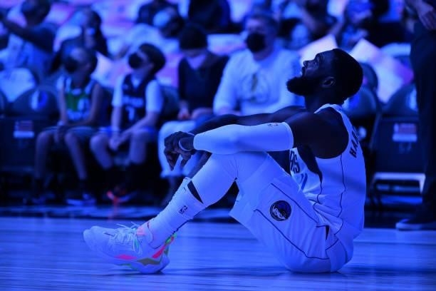 Tim Hardaway Jr. #11 of the Dallas Mavericks looks on before the preseason game against the Utah Jazz on October 6, 2021 at the American Airlines...
