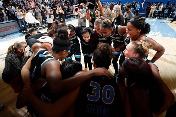 The Chicago Sky huddle up after winning Game Four of the 2021 WNBA Semifinals on October 6, 2021 at the Wintrust Arena in Chicago, Illinois. NOTE TO...