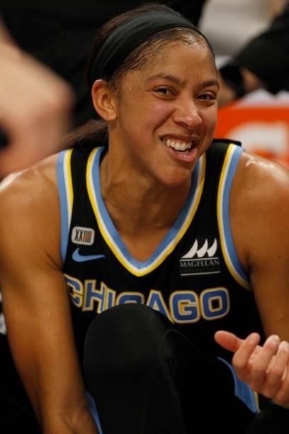 Candace Parker of the Chicago Sky smiles during the game against the Connecticut Sun during Game 4 of the 2021 WNBA Semifinals on October 6, 2021 at...