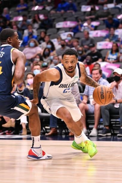 Carlik Jones of the Dallas Mavericks drives to the basket during a preseason game against the Utah Jazz on October 6, 2021 at the American Airlines...