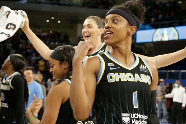 Diamond DeShields of the Chicago Sky celebrates after the game against the Connecticut Sun during Game 4 of the 2021 WNBA Semifinals on October 6,...