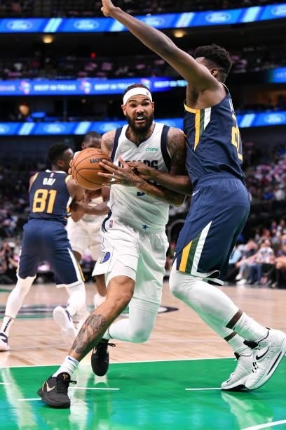 Willie Cauley-Stein of the Dallas Mavericks drives to the basket during a preseason game against the Utah Jazz on October 6, 2021 at the American...