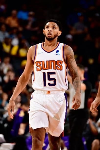 Cameron Payne of the Phoenix Suns looks on during the game against the Los Angeles Lakers during a preseason game on October 6, 2021 at Footprint...