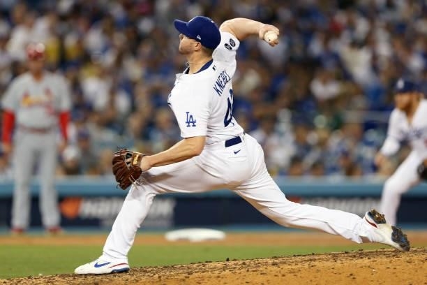 Corey Knebel of the Los Angeles Dodgers pitches during the game between the St. Louis Cardinals and the Los Angeles Dodgers at Dodgers Stadium on...