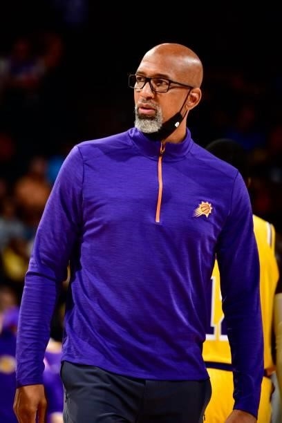 Head Coach Monty Williams of the Phoenix Suns looks on during the game against the Los Angeles Lakers during a preseason game on October 6, 2021 at...