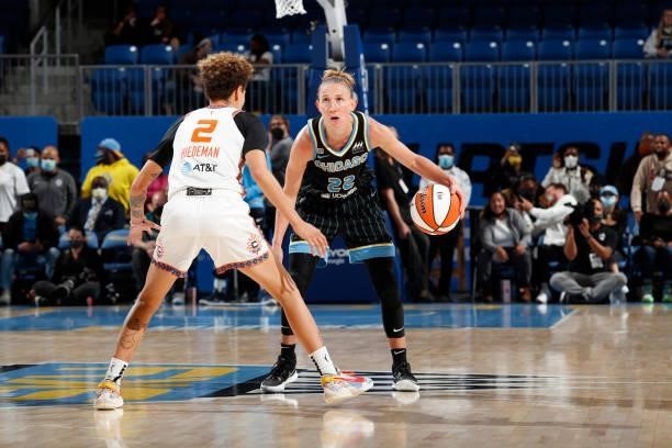 Courtney Vandersloot of the Chicago Sky dribbles the ball against the Connecticut Sun during Game Four of the 2021 WNBA Semifinals on October 6, 2021...