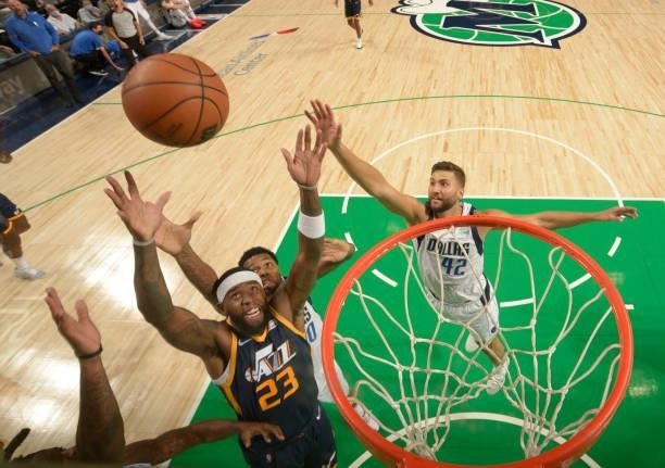Royce O'Neale of the Utah Jazz rebounds the ball during a preseason game against the Dallas Mavericks on October 6, 2021 at the American Airlines...