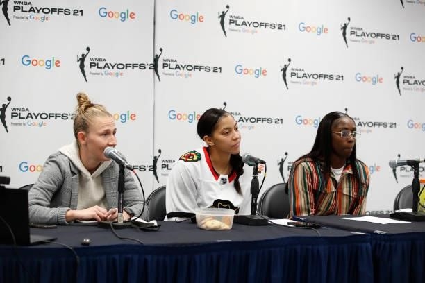 Courtney Vandersloot, Candace Parker, and Candace Parker of the Chicago Sky talk to the media during Game Four of the 2021 WNBA Semifinals on October...