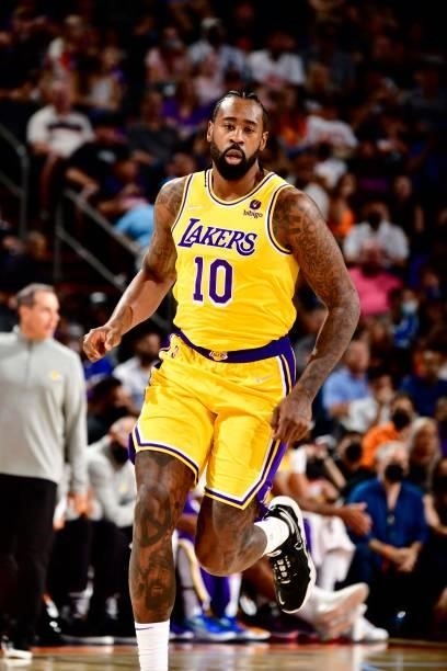 DeAndre Jordan of the Los Angeles Lakers runs down the court during the game against the Phoenix Suns during a preseason game on October 6, 2021 at...