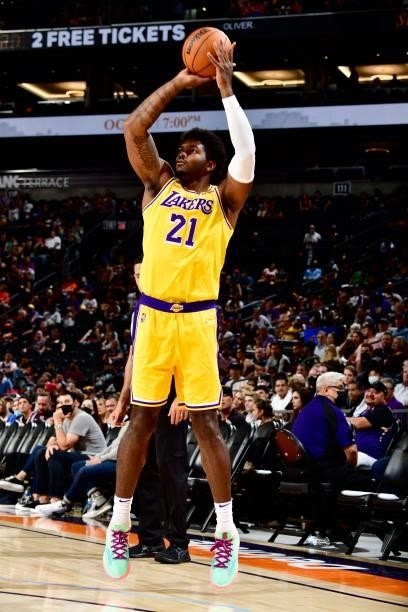 Cameron Oliver of the Los Angeles Lakers shoots a three point basket against the Phoenix Suns during a preseason game on October 6, 2021 at Footprint...
