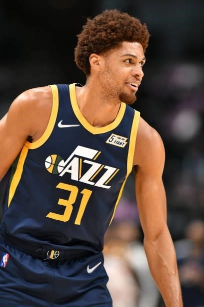 MaCio Teague of the Utah Jazz looks on during a preseason game against the Dallas Mavericks on October 6, 2021 at the American Airlines Center in...