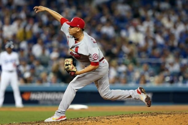 Giovanny Gallegos of the St. Louis Cardinals pitches during the game between the St. Louis Cardinals and the Los Angeles Dodgers at Dodgers Stadium...
