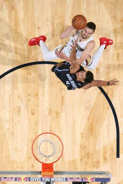 Tomas Satoransky of the New Orleans Pelicans shoots the ball during a preseason game against the Orlando Magic on October 6, 2021 at the Smoothie...