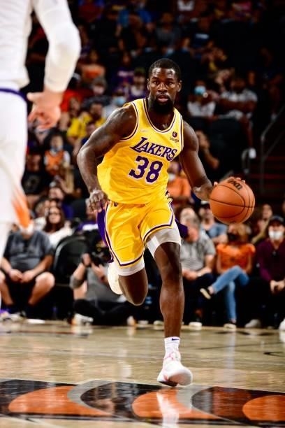 Chaundee Brown of the Los Angeles Lakers dribbles the ball against the Phoenix Suns during a preseason game on October 6, 2021 at Footprint Center in...