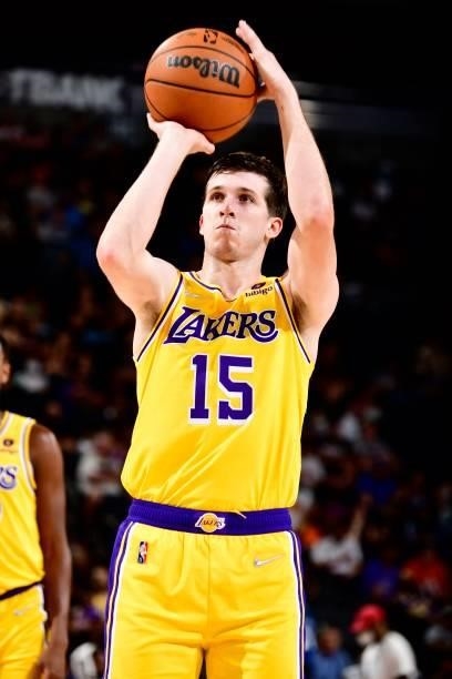 Austin Reaves of the Los Angeles Lakers shoots a free throw against the Phoenix Suns during a preseason game on October 6, 2021 at Footprint Center...