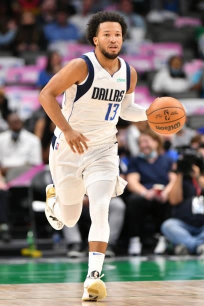 Jalen Brunson of the Dallas Mavericks drives to the basket during a preseason game against the Utah Jazz on October 6, 2021 at the American Airlines...