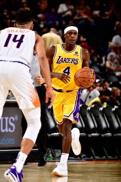 Rajon Rondo of the Los Angeles Lakers handles the ball during the game against the Phoenix Suns during a preseason game on October 6, 2021 at...