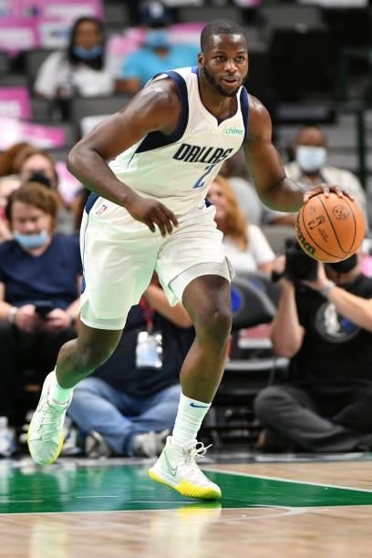 Eugene Omoruyi of the Dallas Mavericks dribbles the ball during a preseason game against the Utah Jazz on October 6, 2021 at the American Airlines...